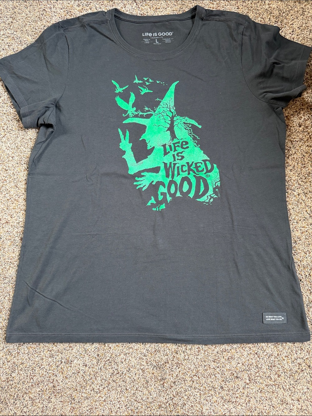 Life Is Good Black Tee with Neon Green Witch Graphic - L